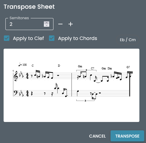 The "Traspose Sheet" Menu of Klangio's Edit Mode