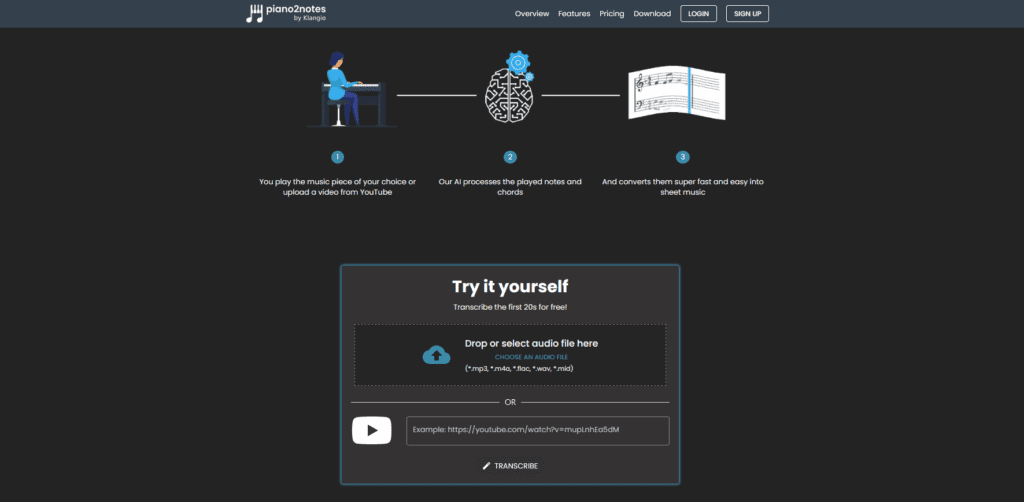 The piano2notes website, showing the drag and drop window to transcribe music with AI instead of by ears