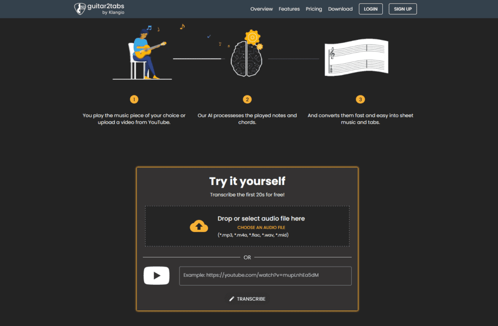 Transcribing music with Guitar2Tabs by simply drag and dropping an audio file into a window.