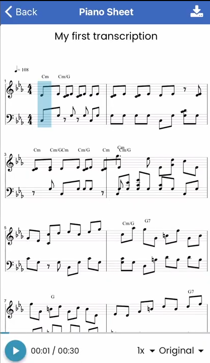 The finished transcription of a piano piece with piano2notes