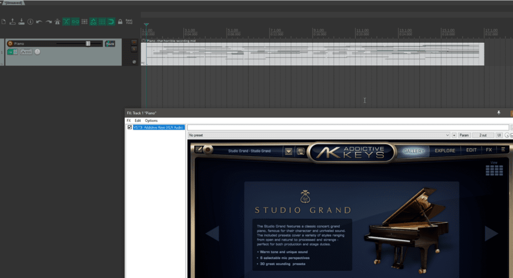 Playing back a MIDI transcription from Klangio with the Addictive Keys VSTI.