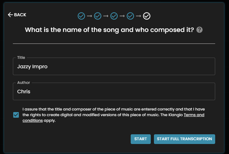 Piano2Notes: Add the name and composer and start the transcription.