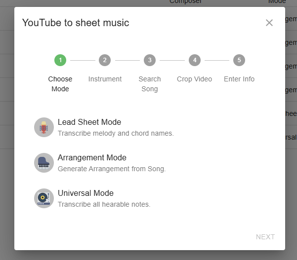 Select different modes in the Songbook of Melody Scanner.